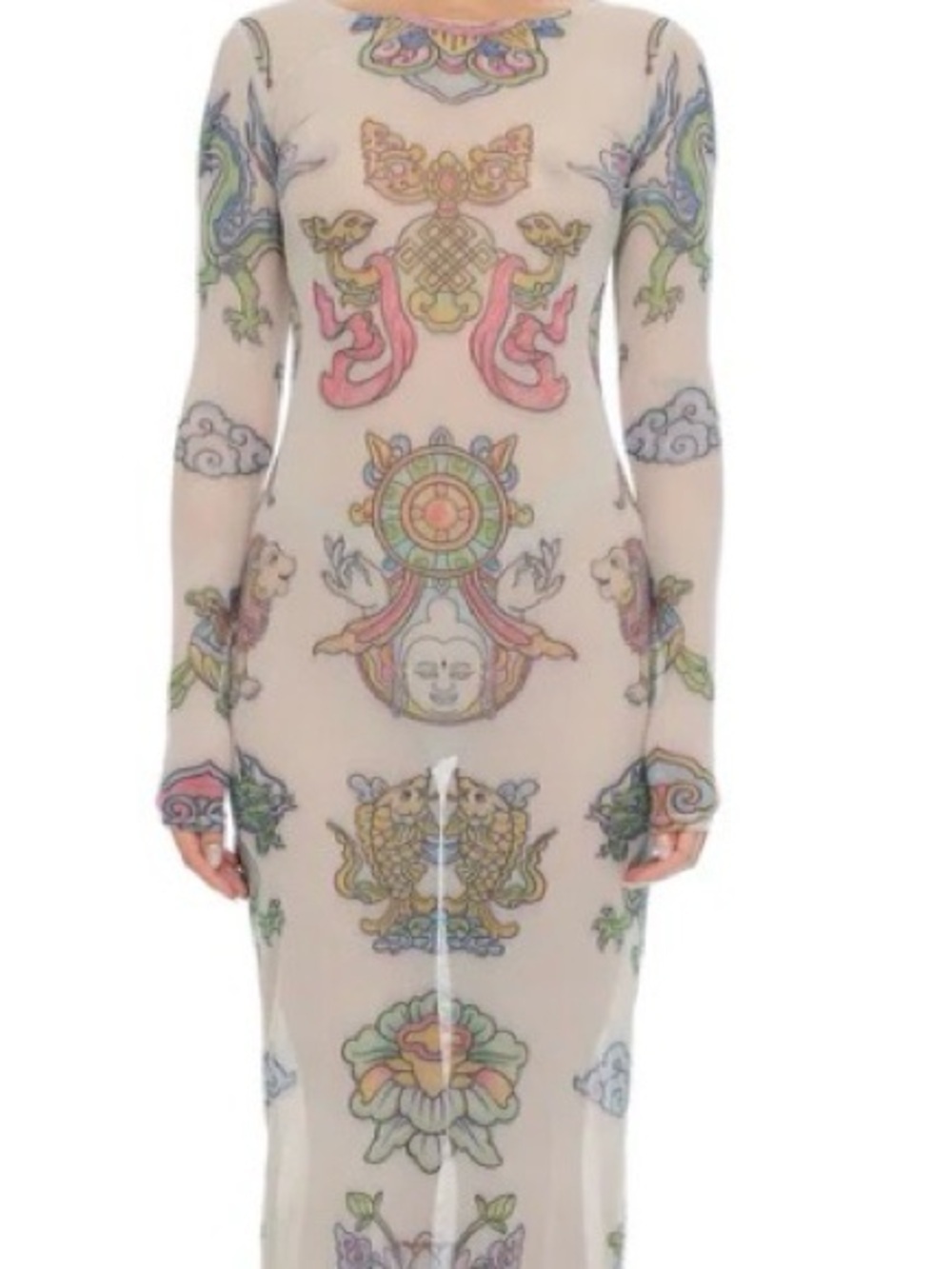 THE ESOTERIC WORLD Sheer Beige Long-Sleeve Tattoo-Motif Maxi Dress